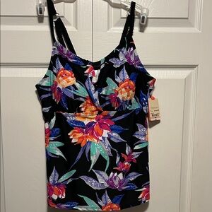 St. John's Bay Black Floral V-Neck Swimsuit Top with Multicolor Blooms